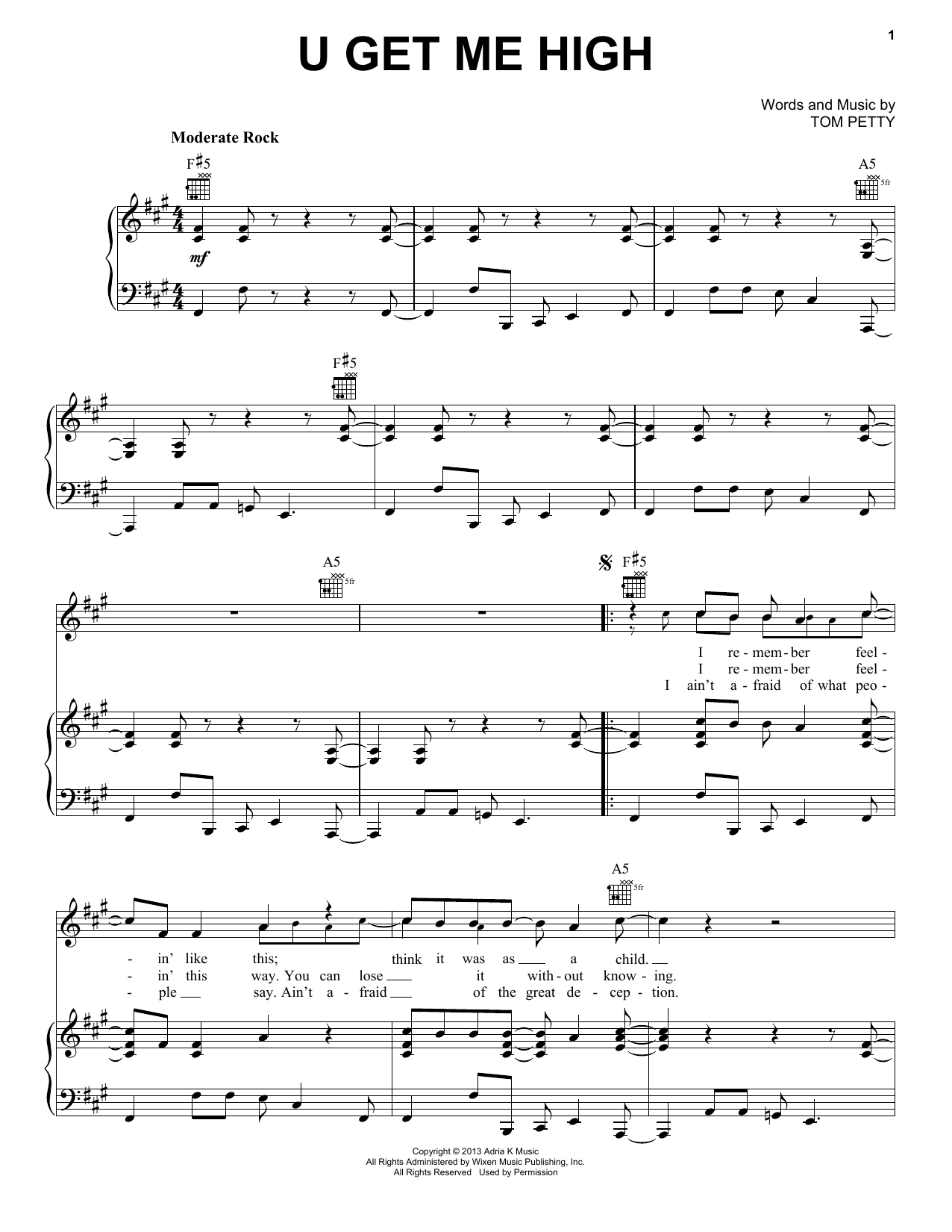 Tom Petty & the Heartbreakers U Get Me High Sheet Music Notes & Chords for Piano, Vocal & Guitar (Right-Hand Melody) - Download or Print PDF