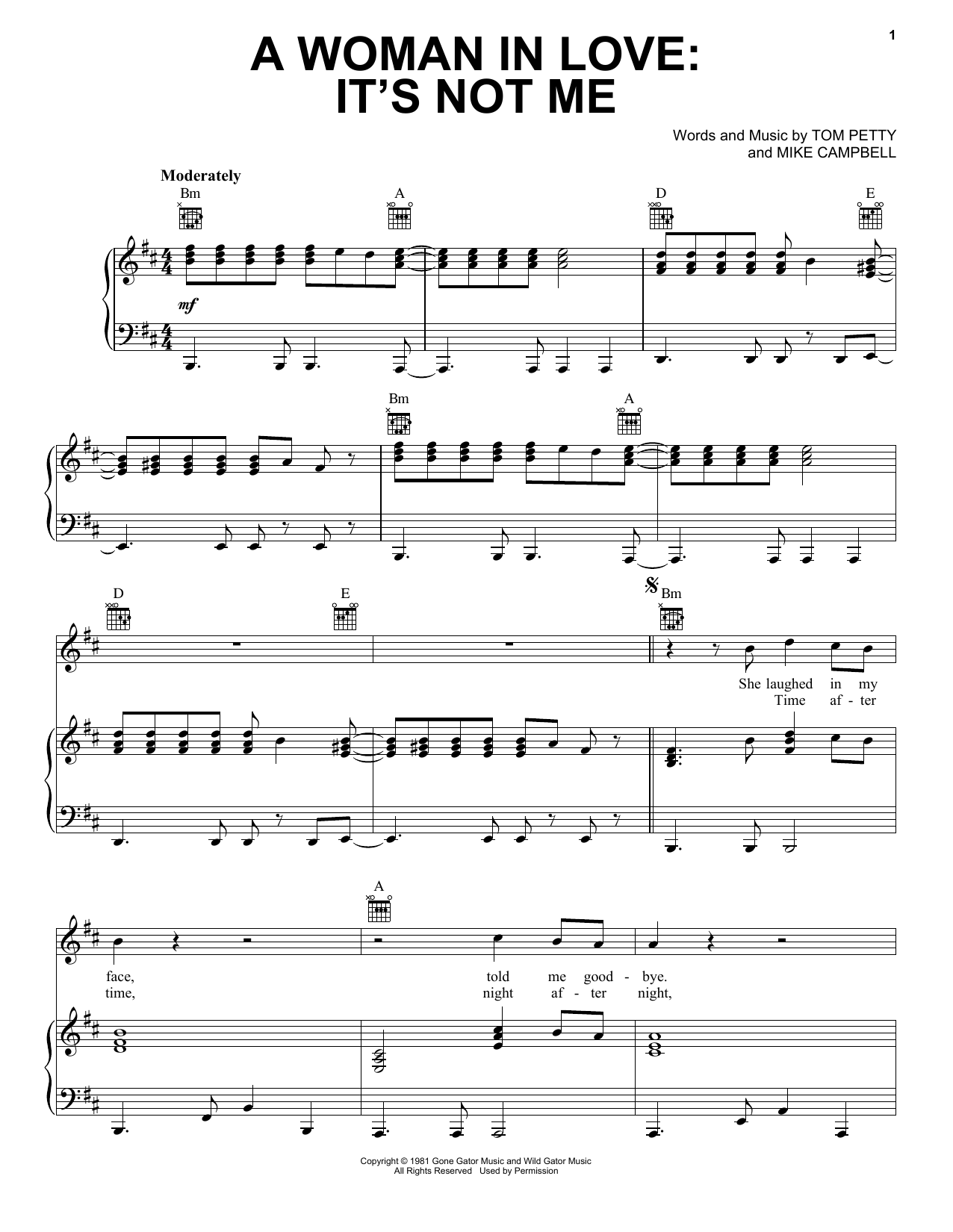 Tom Petty A Woman In Love: It's Not Me Sheet Music Notes & Chords for Piano, Vocal & Guitar (Right-Hand Melody) - Download or Print PDF
