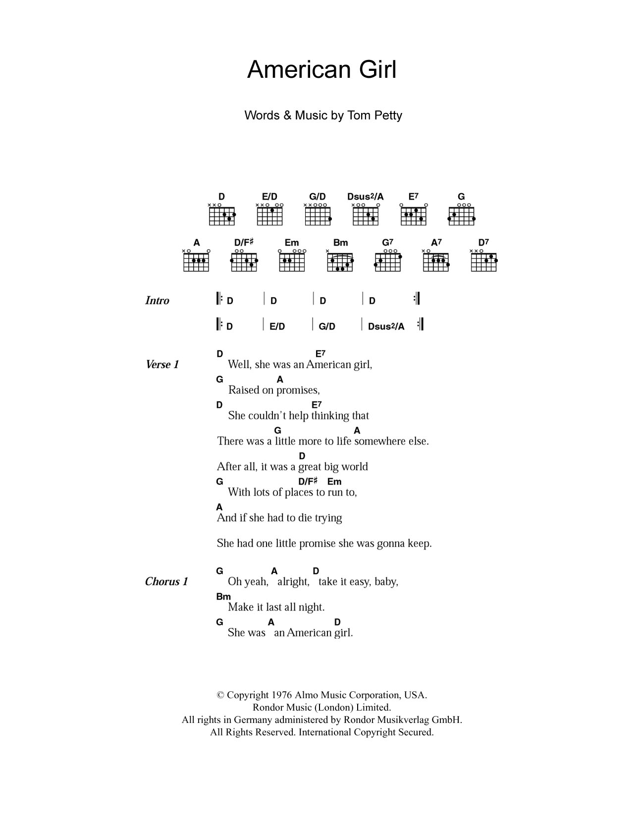 Tom Petty American Girl Sheet Music Notes & Chords for Bass Voice - Download or Print PDF