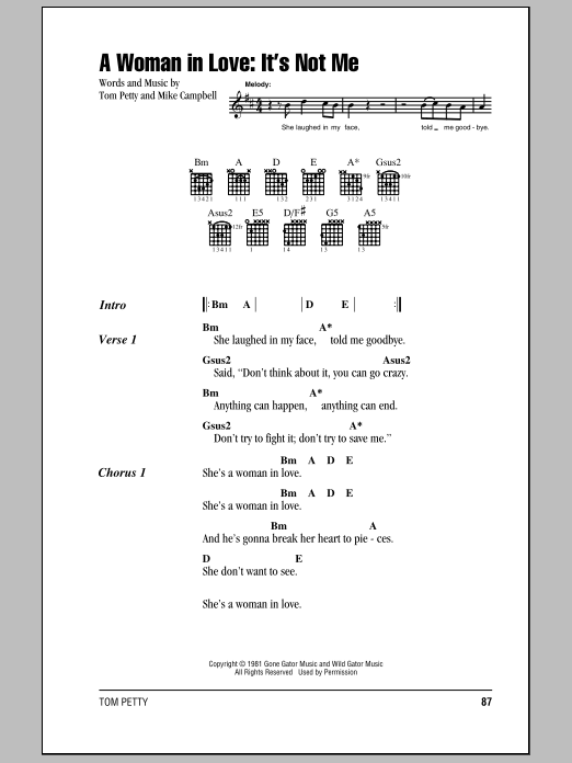Tom Petty And The Heartbreakers A Woman In Love: It's Not Me Sheet Music Notes & Chords for Lyrics & Chords - Download or Print PDF