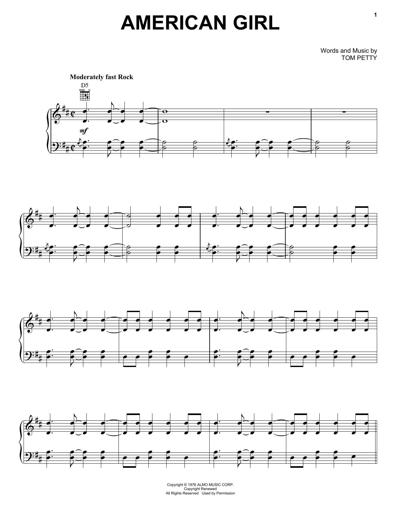 Tom Petty And The Heartbreakers American Girl sheet music notes and chords. Download Printable PDF.