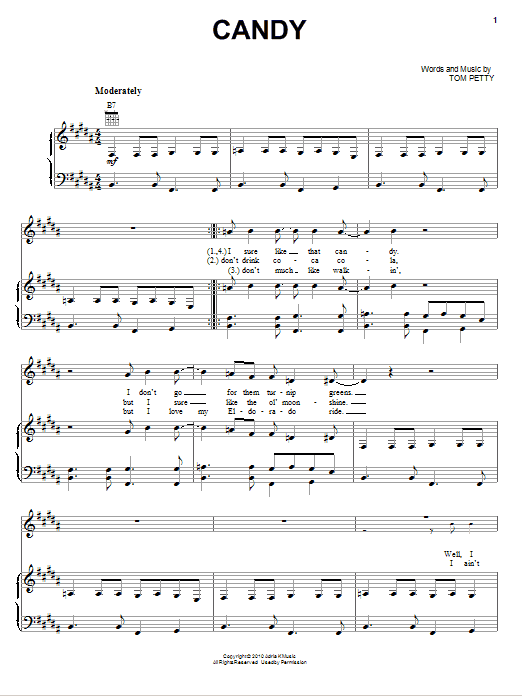 Tom Petty And The Heartbreakers Candy Sheet Music Notes & Chords for Piano, Vocal & Guitar (Right-Hand Melody) - Download or Print PDF Tom Petty And The Heartbreakers Candy Sheet Music Notes & Chords for Piano, Vocal & Guitar (Right-Hand Melody) - Download or Print PDF