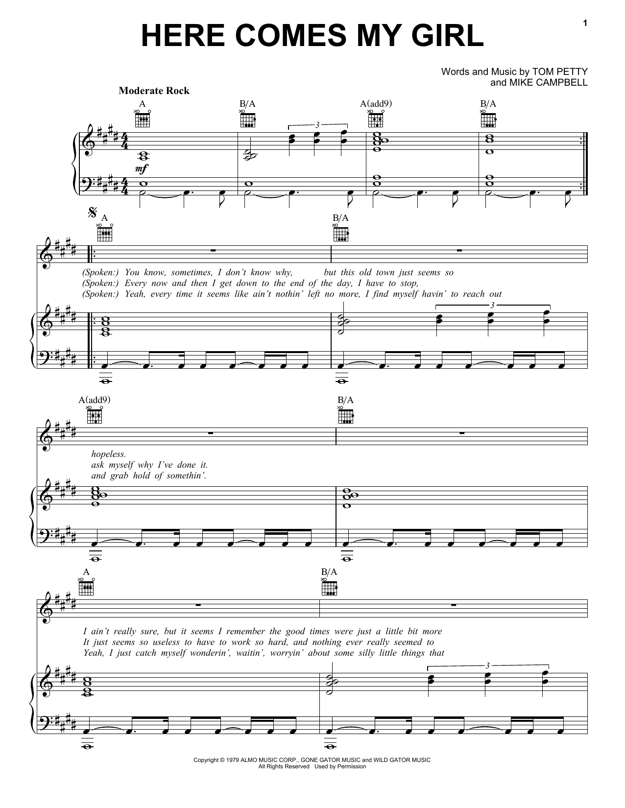 Tom Petty And The Heartbreakers Here Comes My Girl sheet music notes and chords. Download Printable PDF.