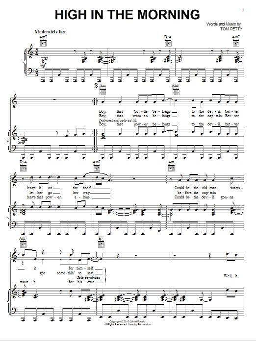 Tom Petty And The Heartbreakers High In The Morning Sheet Music Notes & Chords for Piano, Vocal & Guitar (Right-Hand Melody) - Download or Print PDF Tom Petty And The Heartbreakers High In The Morning Sheet Music Notes & Chords for Piano, Vocal & Guitar (Right-Hand Melody) - Download or Print PDF