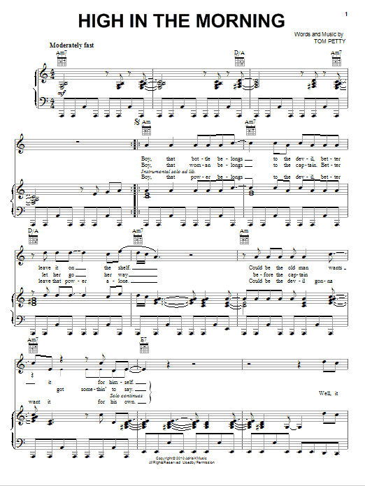 Tom Petty And The Heartbreakers High In The Morning Sheet Music Notes & Chords for Piano, Vocal & Guitar (Right-Hand Melody) - Download or Print PDF