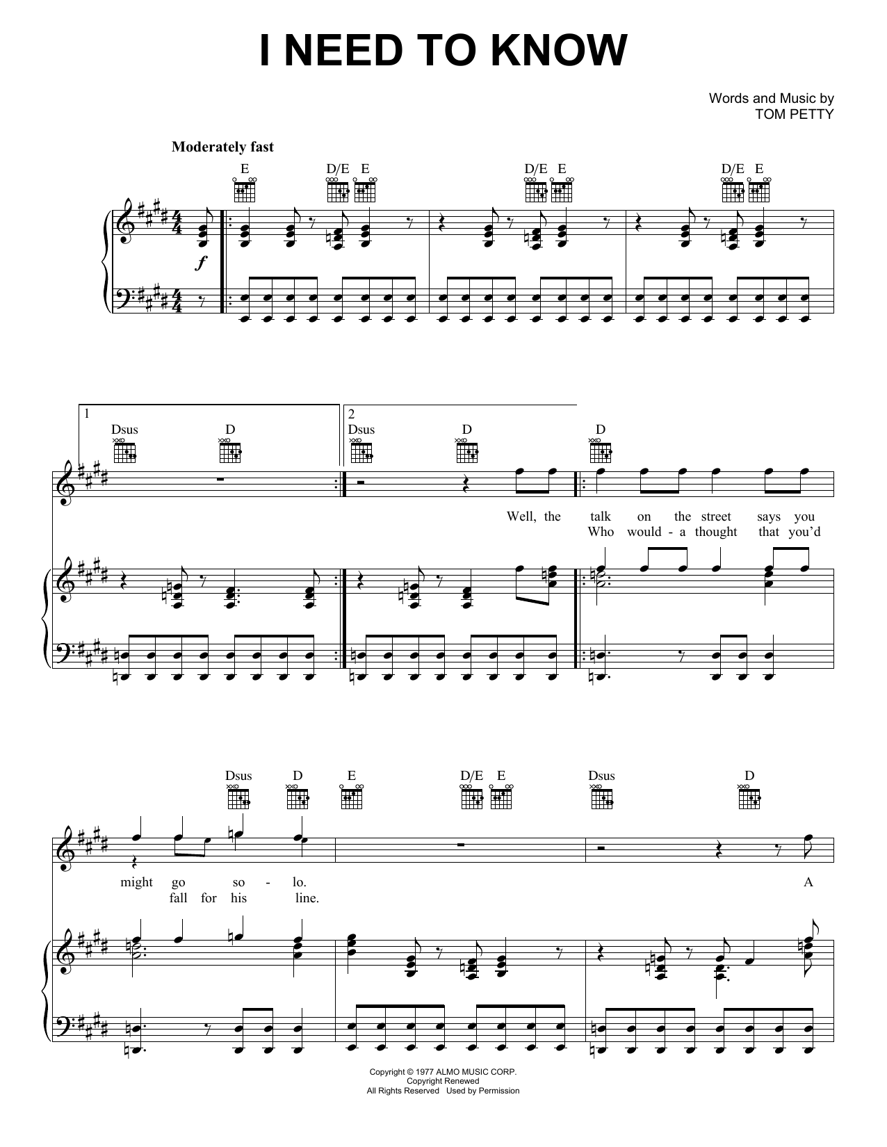 Tom Petty And The Heartbreakers I Need To Know sheet music notes and chords. Download Printable PDF.