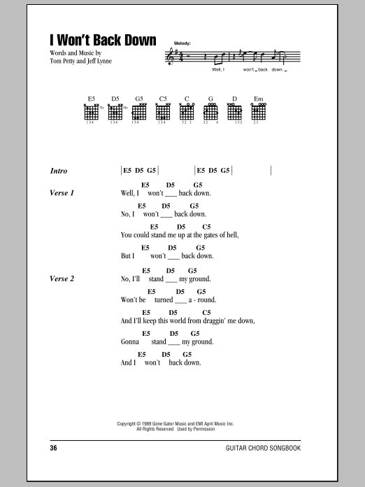 Tom Petty And The Heartbreakers I Won't Back Down Sheet Music Notes & Chords for Lyrics & Chords - Download or Print PDF