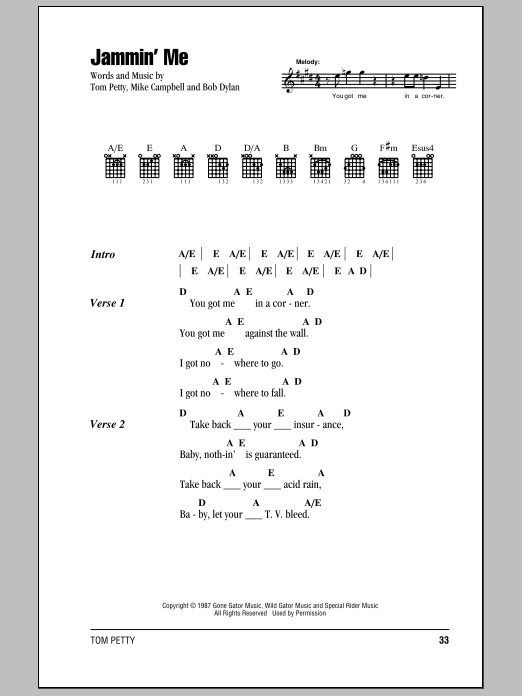Tom Petty And The Heartbreakers Jammin' Me Sheet Music Notes & Chords for Lyrics & Chords - Download or Print PDF