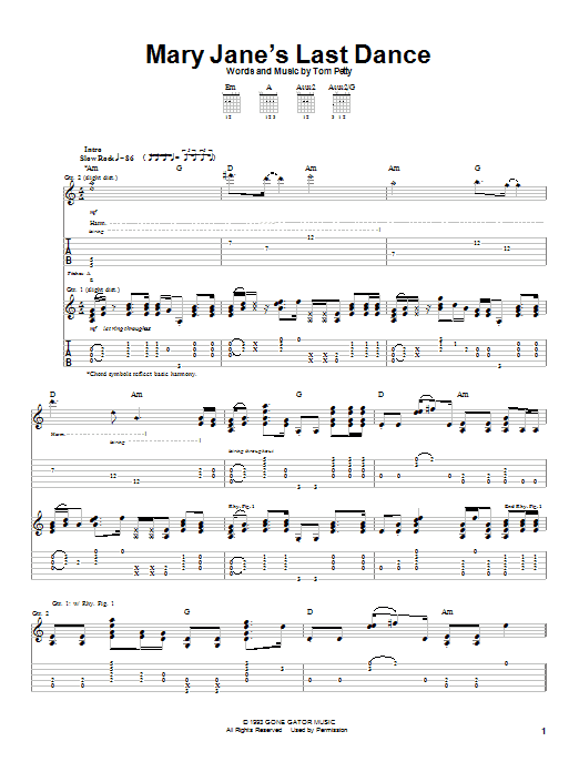 Tom Petty And The Heartbreakers Mary Jane's Last Dance Sheet Music Notes & Chords for Guitar Tab Play-Along - Download or Print PDF