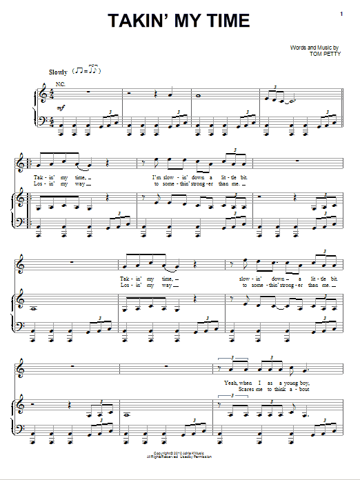 Tom Petty And The Heartbreakers Takin' My Time Sheet Music Notes & Chords for Piano, Vocal & Guitar (Right-Hand Melody) - Download or Print PDF Tom Petty And The Heartbreakers Takin' My Time Sheet Music Notes & Chords for Piano, Vocal & Guitar (Right-Hand Melody) - Download or Print PDF