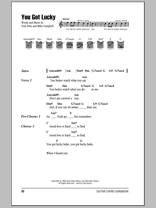 Tom Petty And The Heartbreakers You Got Lucky Sheet Music Notes & Chords for Lyrics & Chords - Download or Print PDF