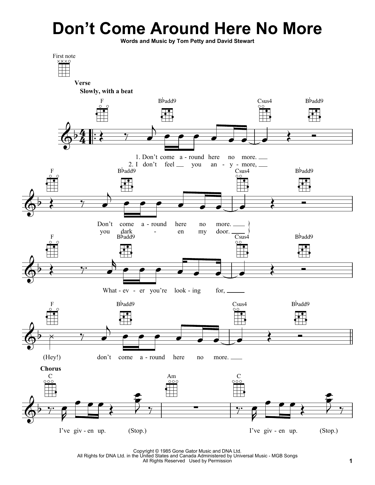 Tom Petty Don't Come Around Here No More Sheet Music Notes & Chords for Ukulele - Download or Print PDF