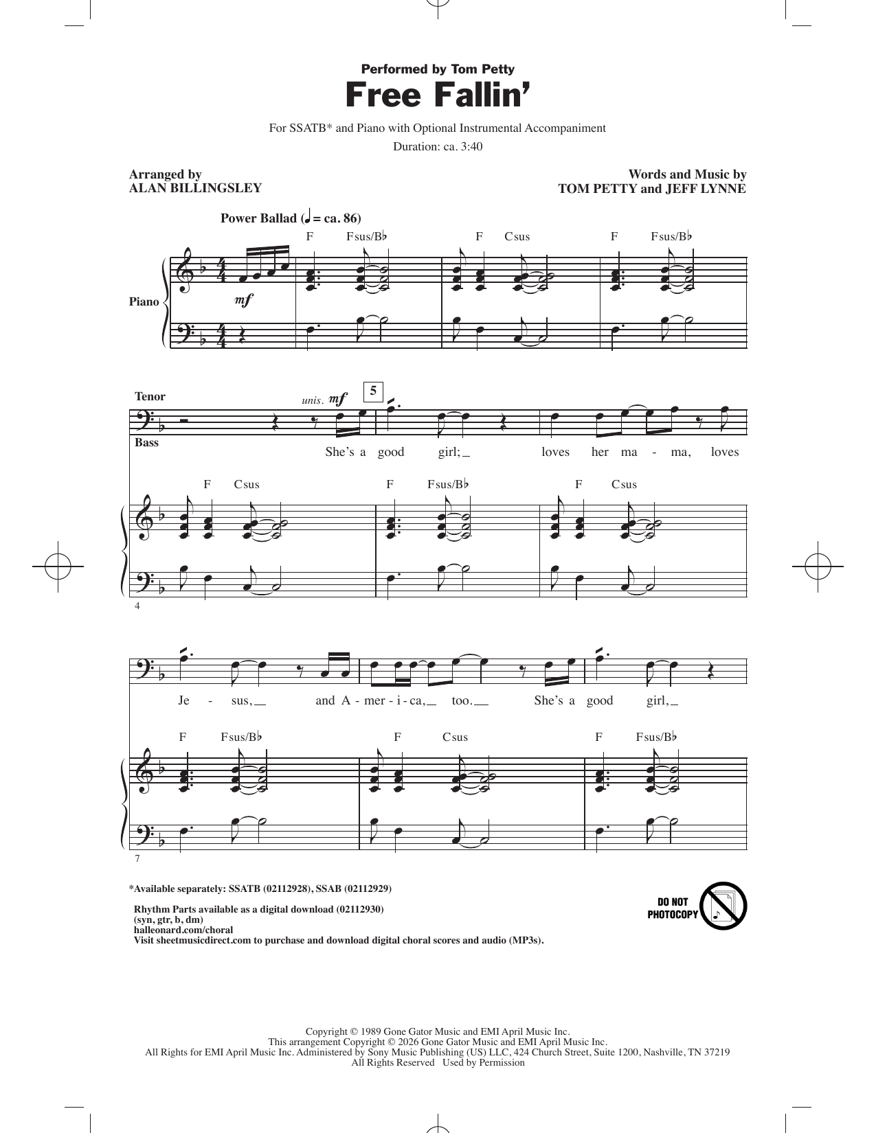 Tom Petty Free Fallin' (arr. Alan Billingsley) Sheet Music Notes & Chords for SSATB Choir - Download or Print PDF