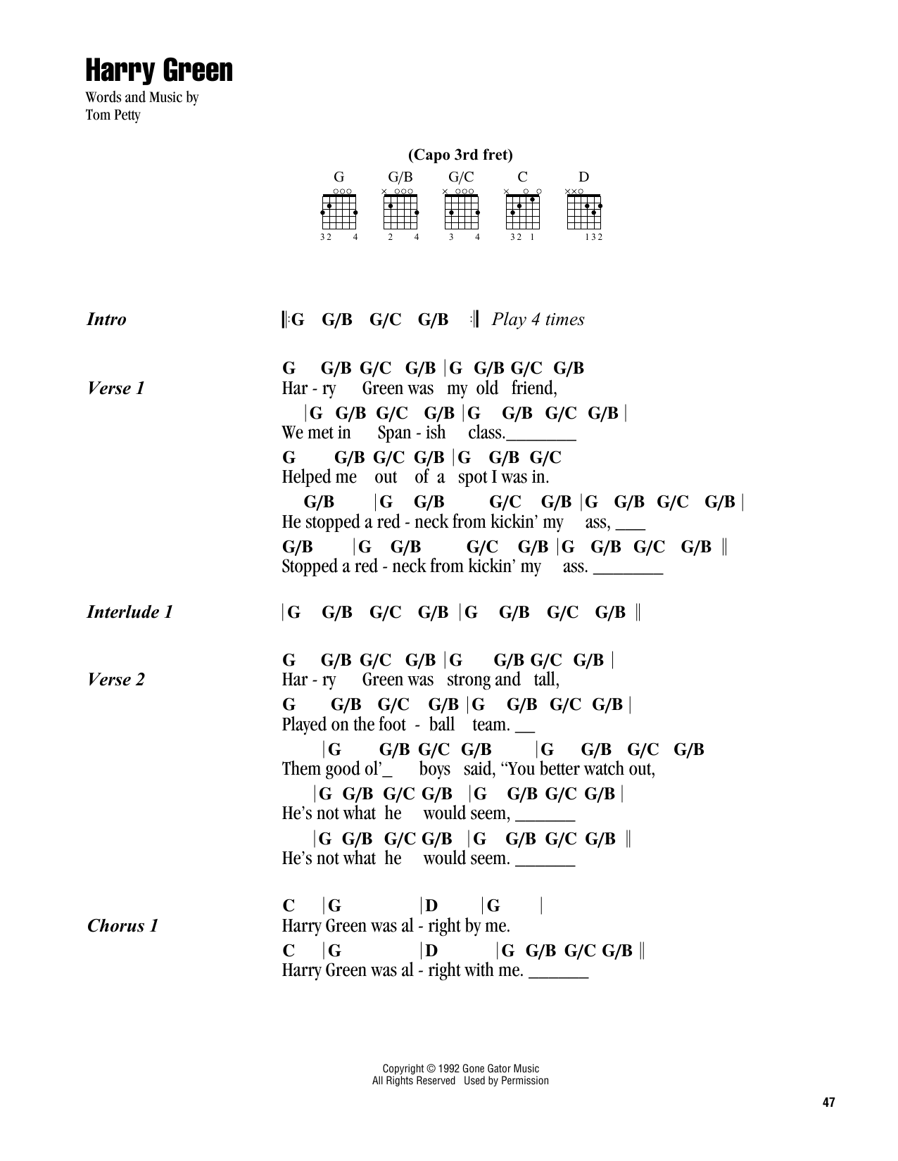 Tom Petty Harry Green Sheet Music Notes & Chords for Guitar Chords/Lyrics - Download or Print PDF