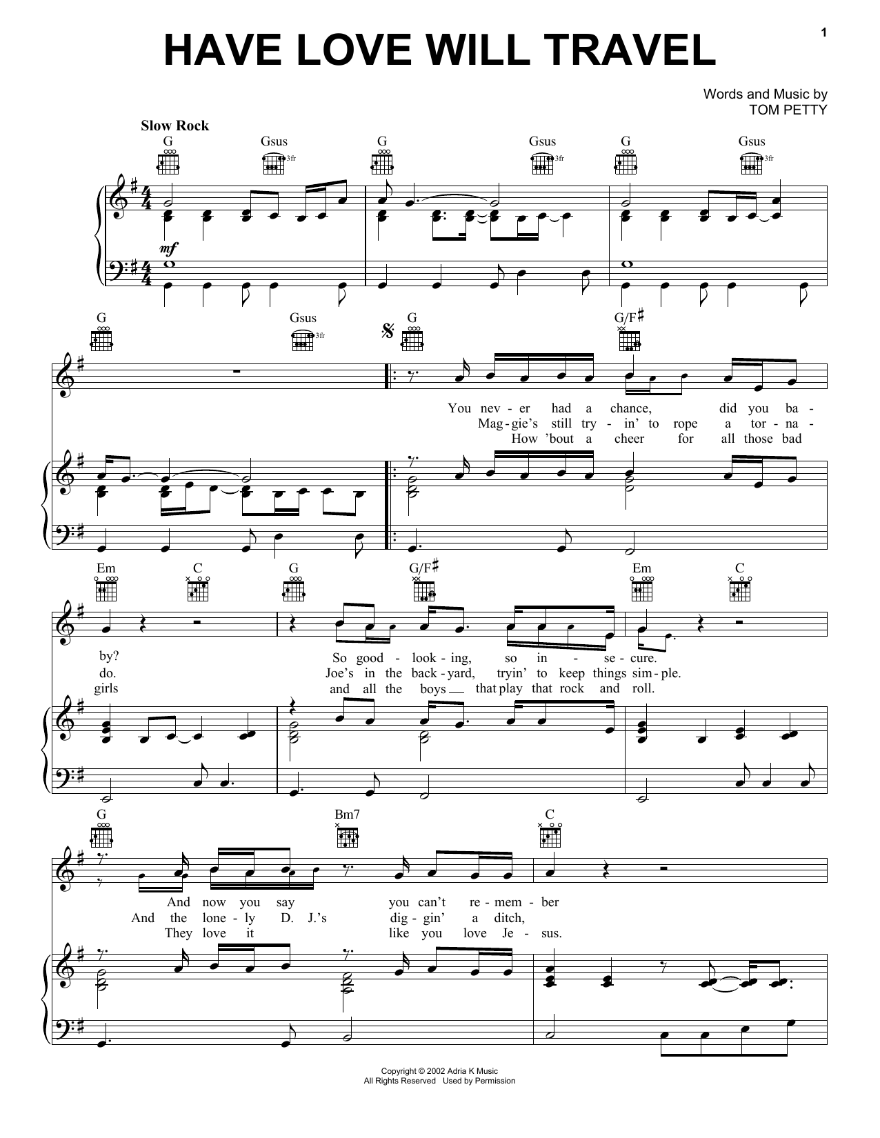Tom Petty Have Love Will Travel Sheet Music Notes & Chords for Piano, Vocal & Guitar (Right-Hand Melody) - Download or Print PDF