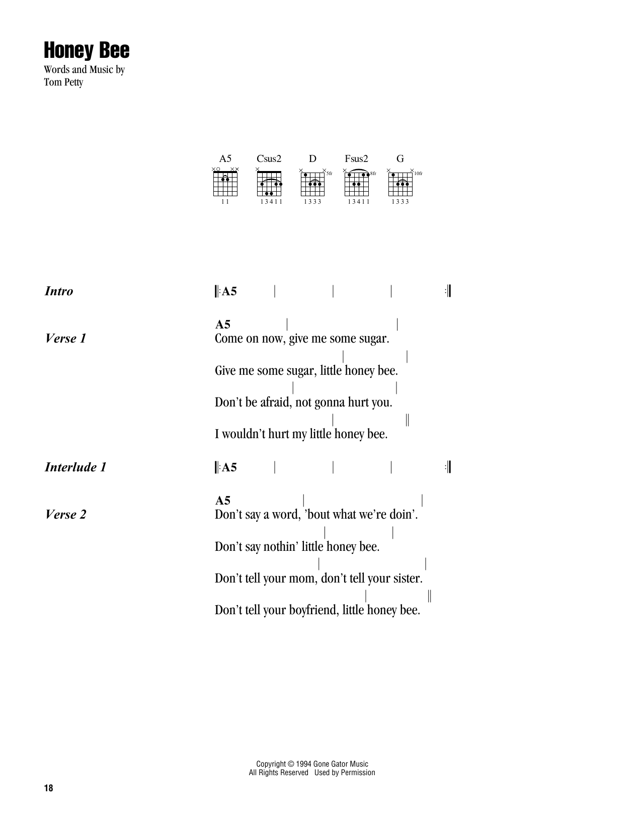 Tom Petty Honey Bee Sheet Music Notes & Chords for Guitar Chords/Lyrics - Download or Print PDF