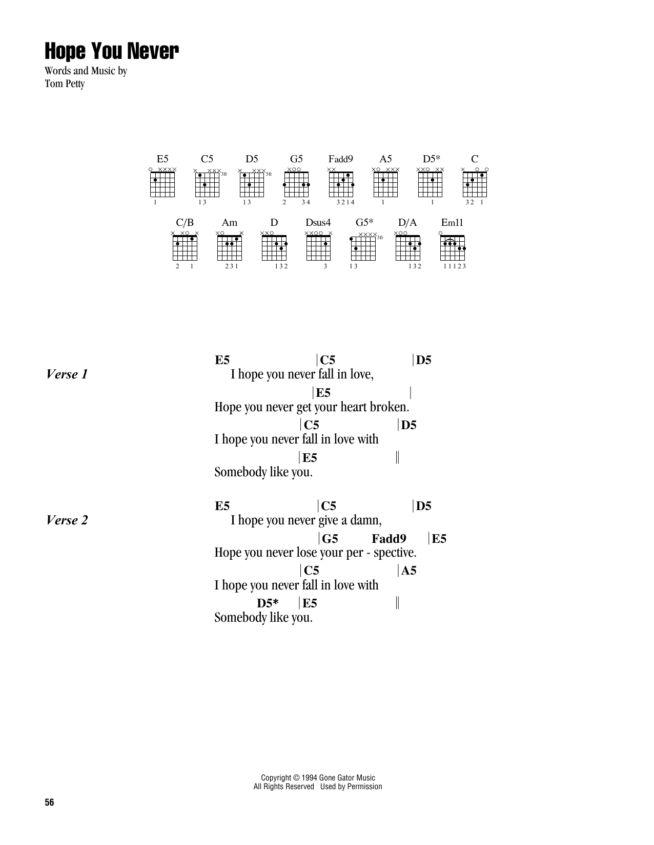 Tom Petty Hope You Never Sheet Music Notes & Chords for Guitar Chords/Lyrics - Download or Print PDF