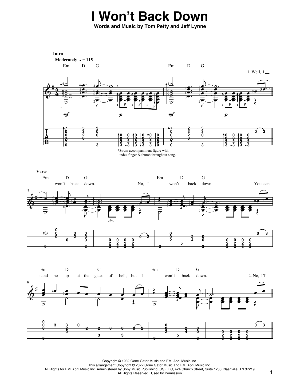 Tom Petty I Won't Back Down (arr. Ben Pila) Sheet Music Notes & Chords for Solo Guitar - Download or Print PDF
