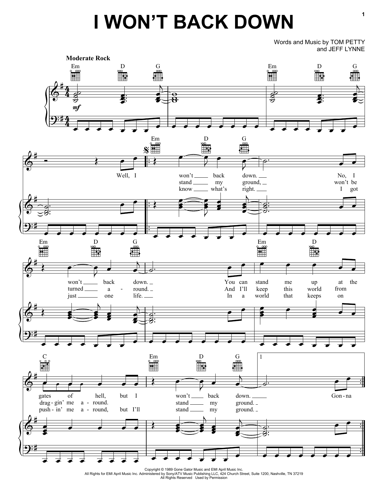 Tom Petty I Won't Back Down sheet music notes and chords. Download Printable PDF.