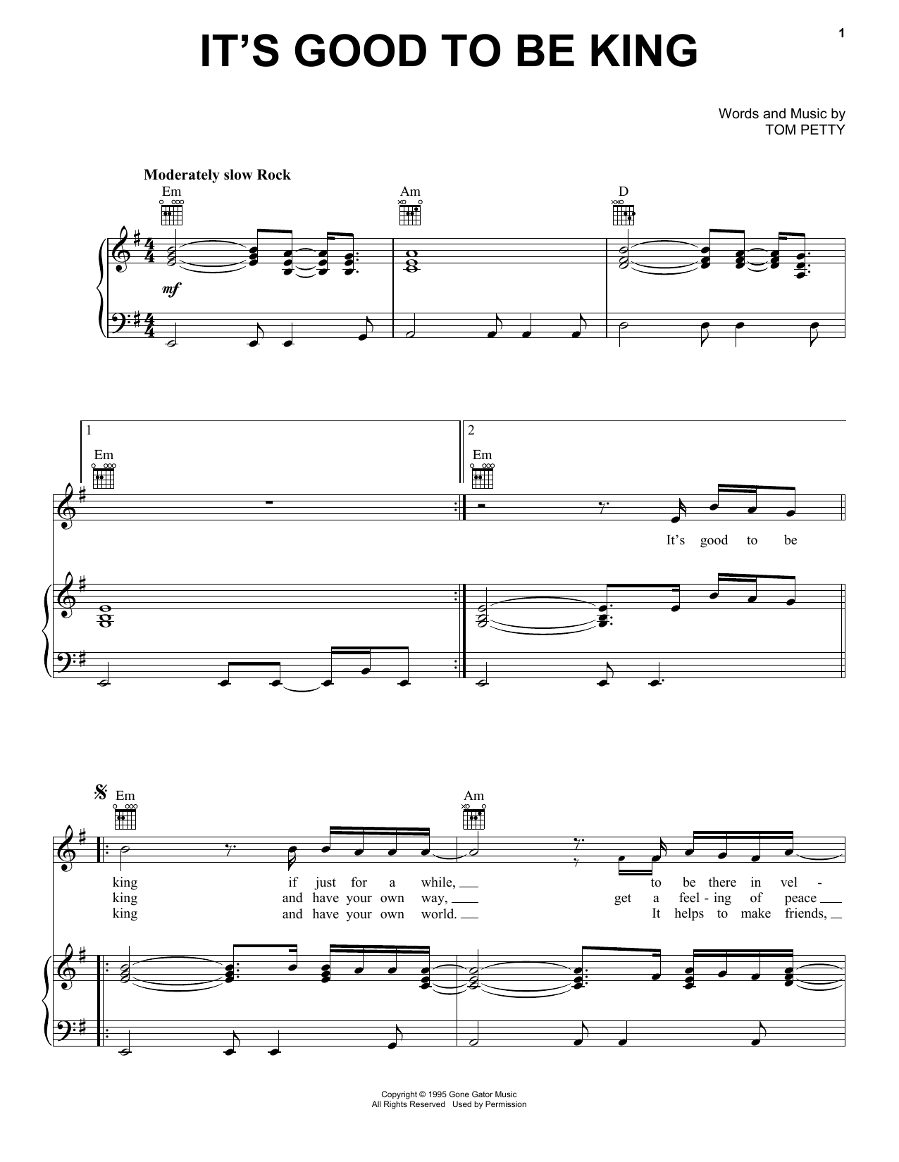 Tom Petty It's Good To Be King Sheet Music Notes & Chords for Piano, Vocal & Guitar (Right-Hand Melody) - Download or Print PDF