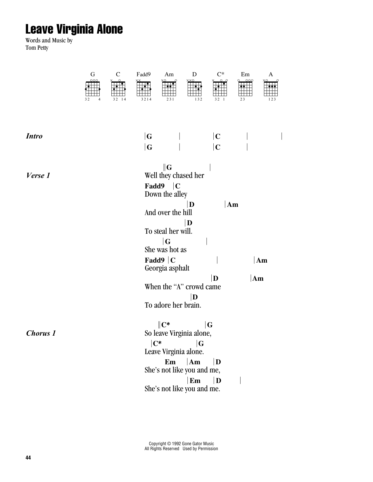 Tom Petty Leave Virginia Alone Sheet Music Notes & Chords for Guitar Chords/Lyrics - Download or Print PDF