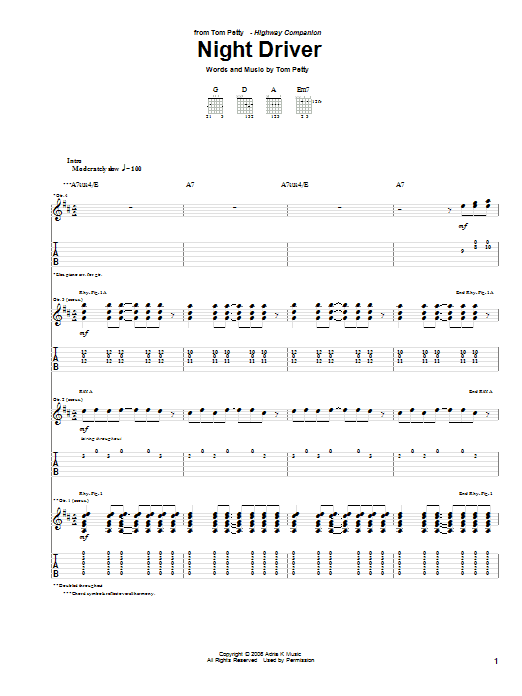 Tom Petty Night Driver Sheet Music Notes & Chords for Guitar Tab - Download or Print PDF Tom Petty Night Driver Sheet Music Notes & Chords for Guitar Tab - Download or Print PDF