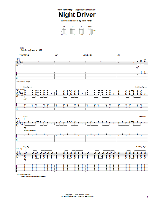Tom Petty Night Driver Sheet Music Notes & Chords for Guitar Tab - Download or Print PDF