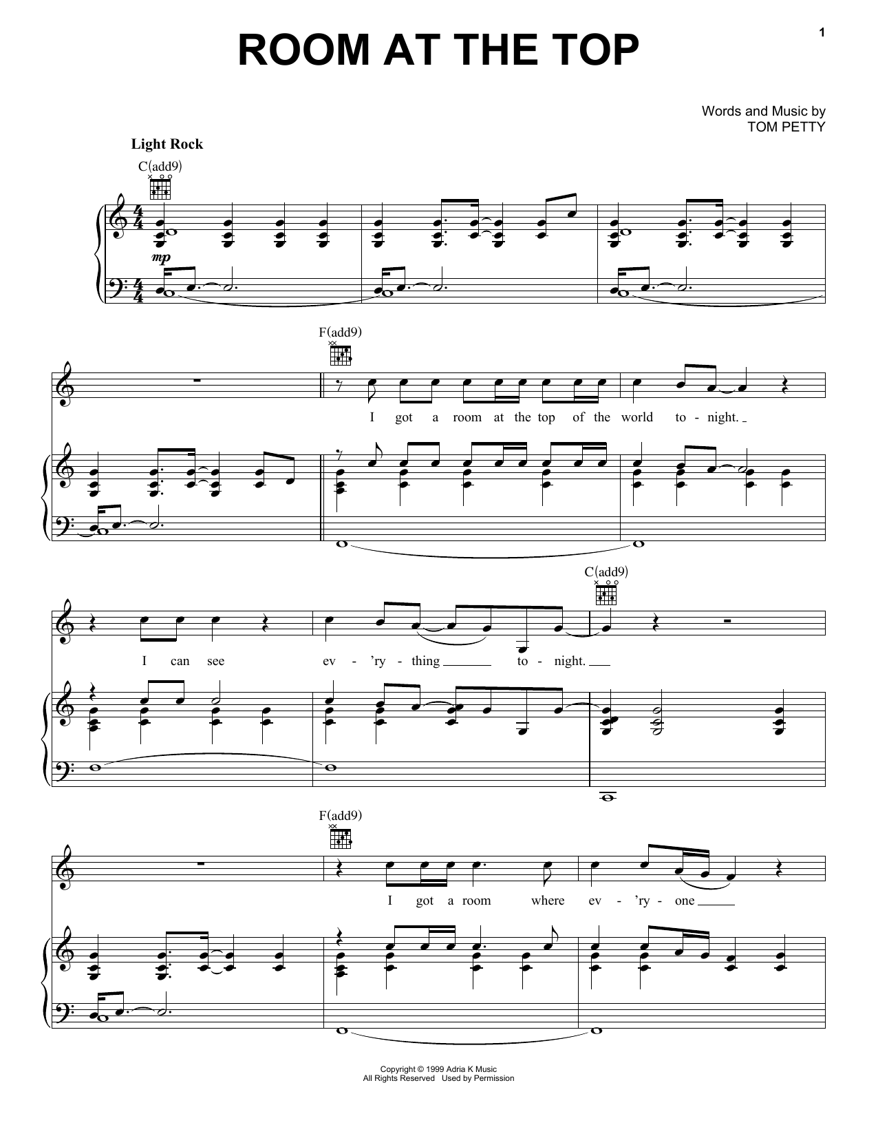 Tom Petty Room At The Top Sheet Music Notes & Chords for Piano, Vocal & Guitar (Right-Hand Melody) - Download or Print PDF