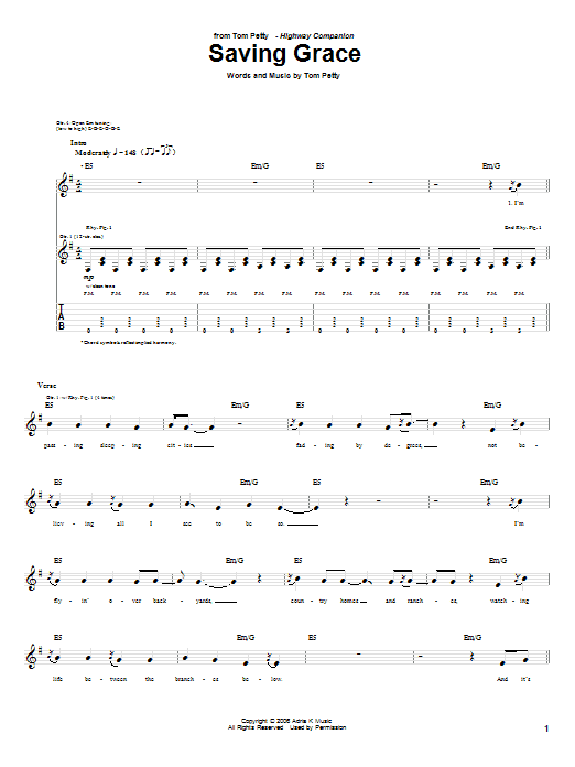 Tom Petty Saving Grace Sheet Music Notes & Chords for Easy Guitar Tab - Download or Print PDF