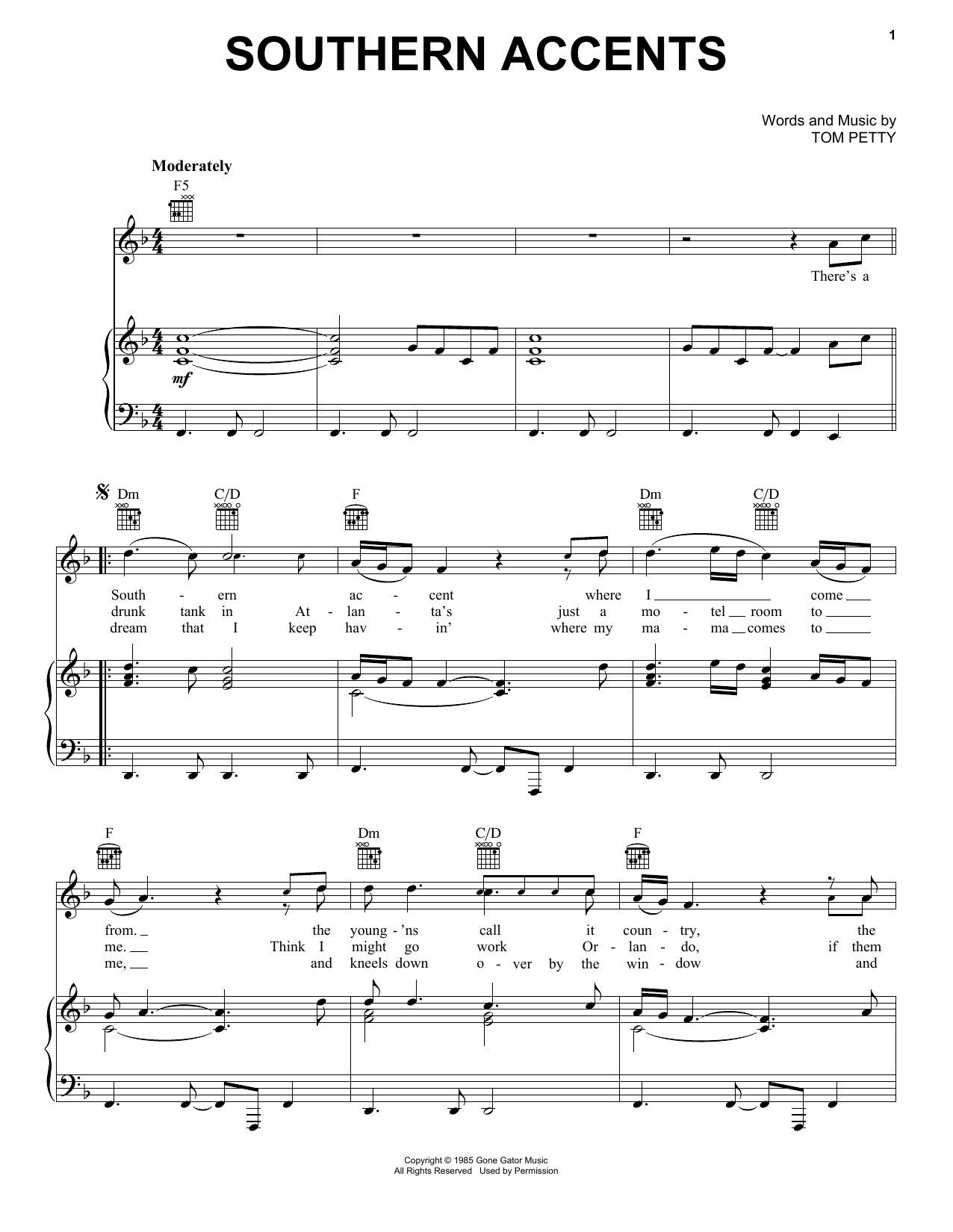 Tom Petty Southern Accents Sheet Music Notes & Chords for Piano, Vocal & Guitar (Right-Hand Melody) - Download or Print PDF