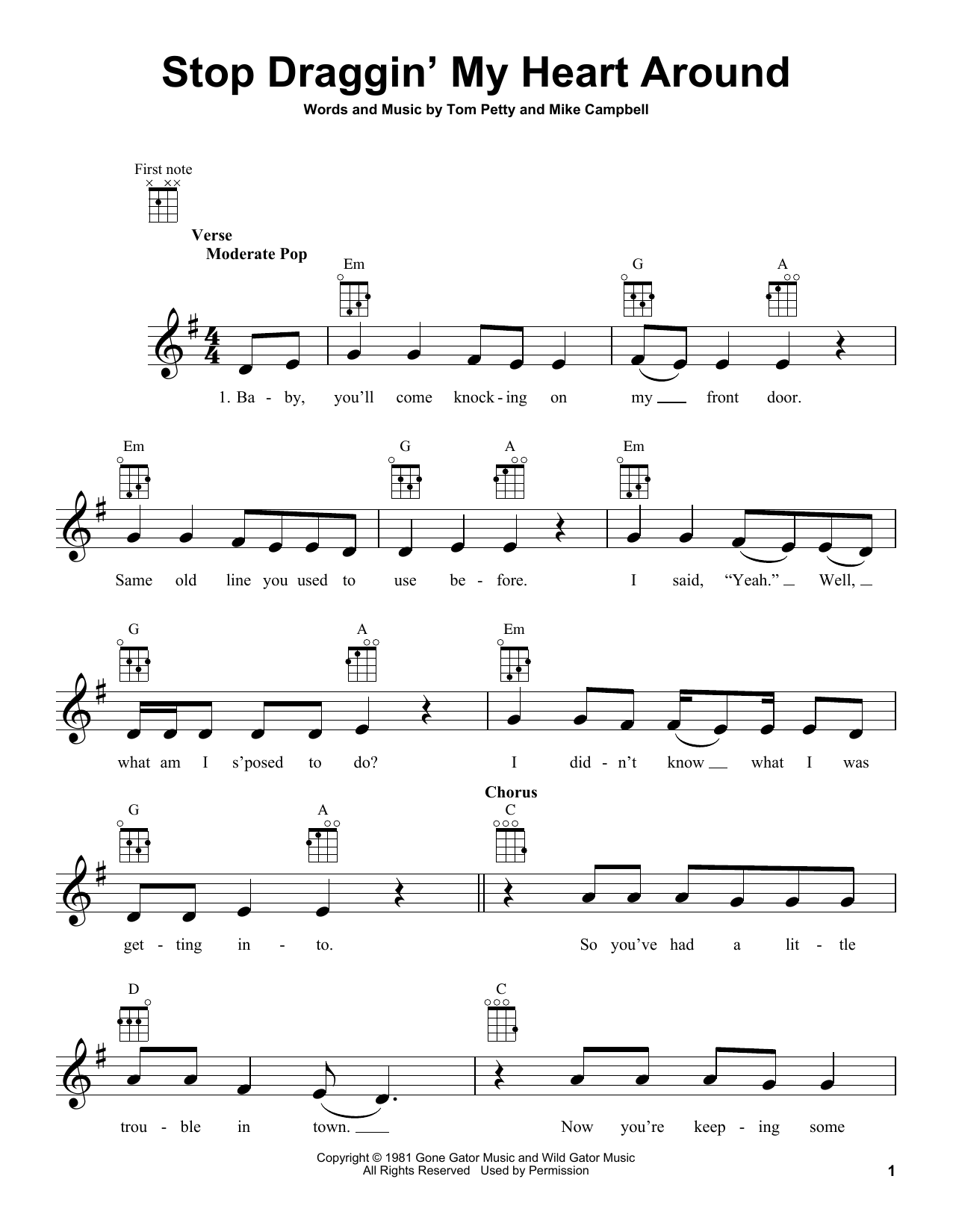 Tom Petty Stop Draggin' My Heart Around Sheet Music Notes & Chords for Ukulele - Download or Print PDF