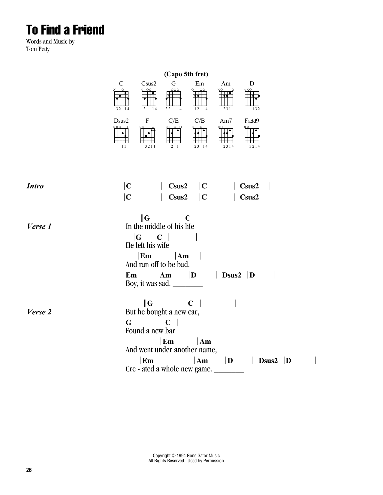 Tom Petty To Find A Friend Sheet Music Notes & Chords for Guitar Chords/Lyrics - Download or Print PDF