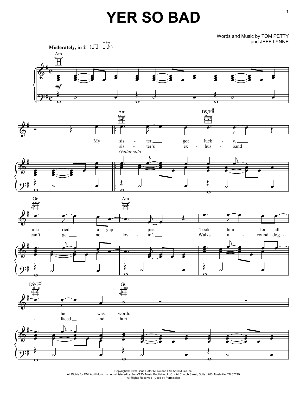 Tom Petty Yer So Bad Sheet Music Notes & Chords for Piano, Vocal & Guitar (Right-Hand Melody) - Download or Print PDF