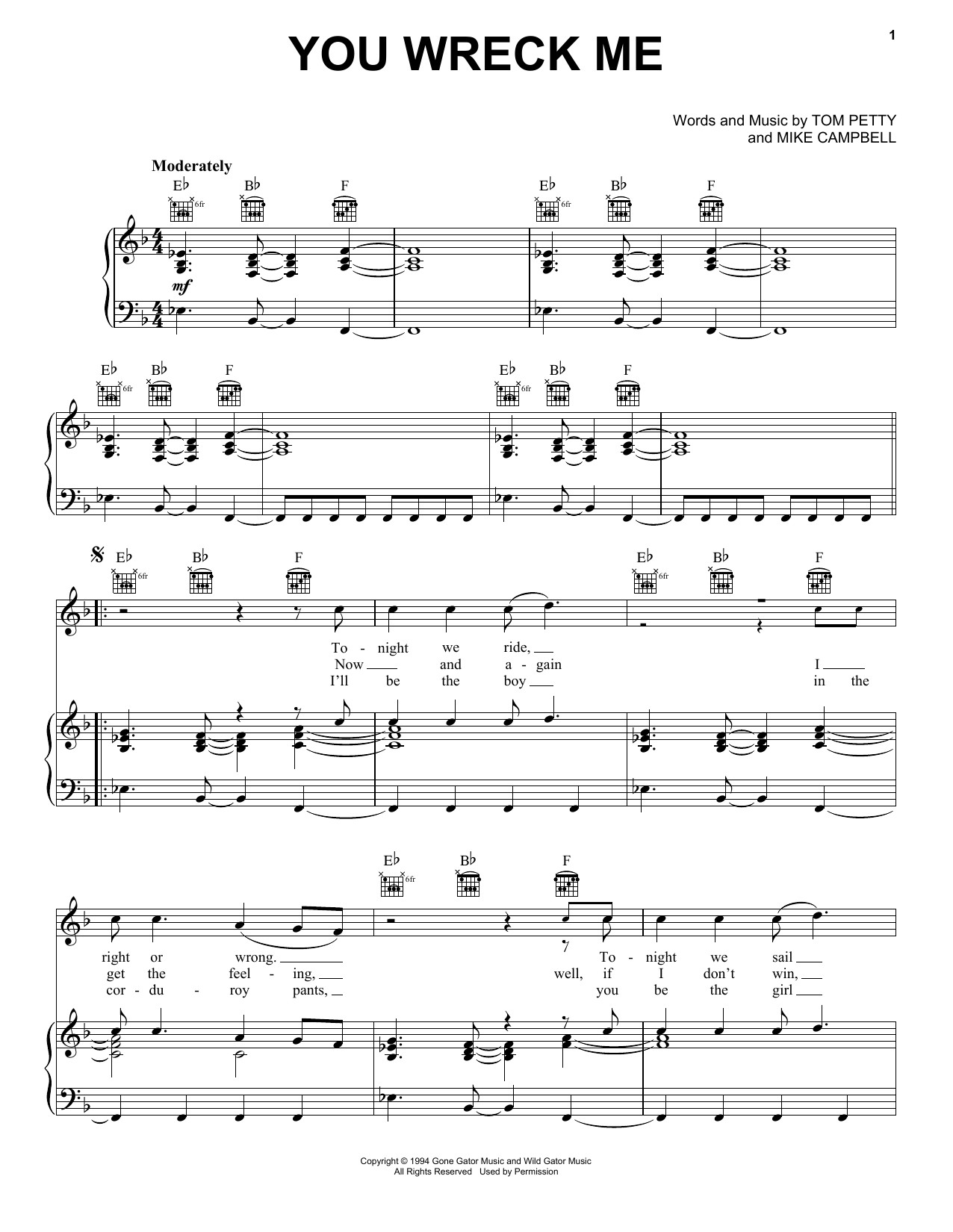 Tom Petty You Wreck Me Sheet Music Notes & Chords for Piano, Vocal & Guitar (Right-Hand Melody) - Download or Print PDF