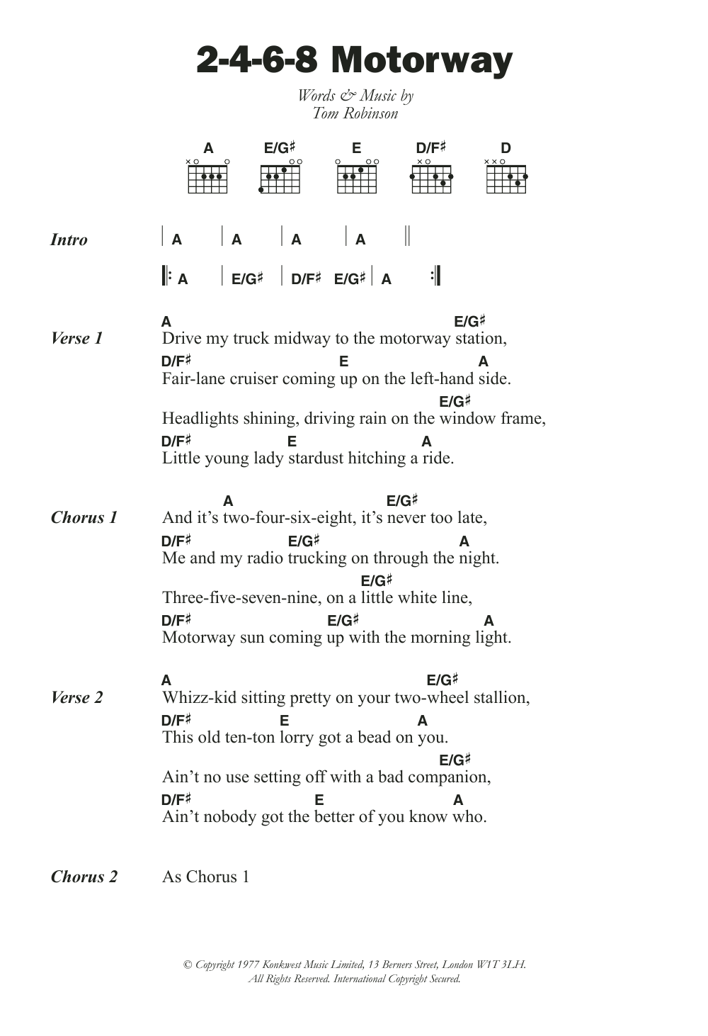 Tom Robinson Band 2-4-6-8 Motorway Sheet Music Notes & Chords for Lyrics & Chords - Download or Print PDF