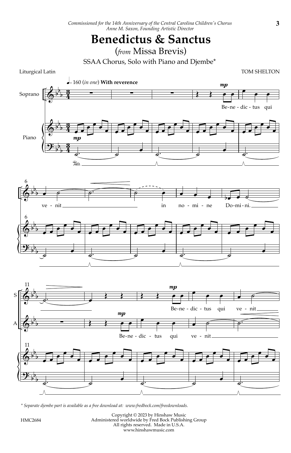 Tom Shelton Benedictus & Sanctus (from Missa Brevis) Sheet Music Notes & Chords for SSAA Choir - Download or Print PDF