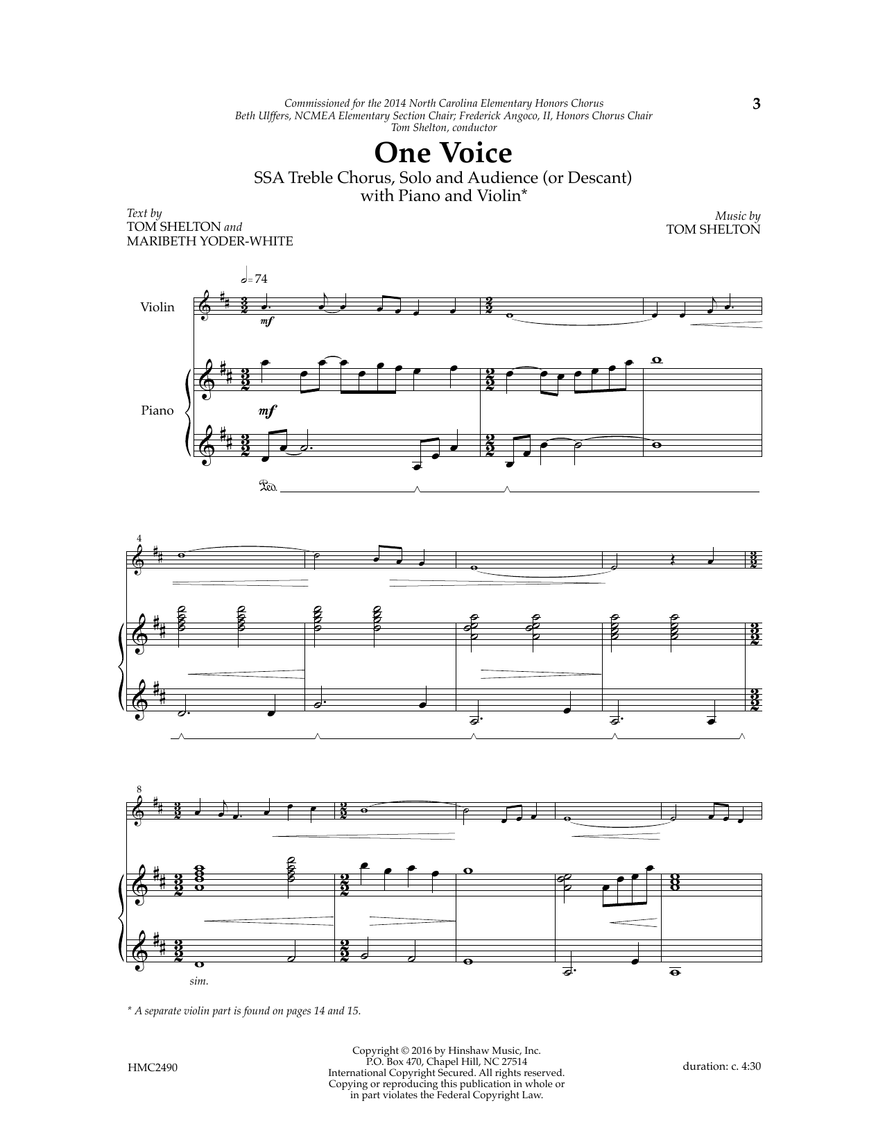 Tom Shelton One Voice Sheet Music Notes & Chords for SSA Choir - Download or Print PDF