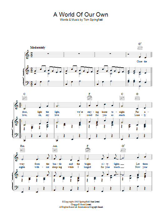 Tom Springfield A World Of Our Own Sheet Music Notes & Chords for Piano, Vocal & Guitar (Right-Hand Melody) - Download or Print PDF