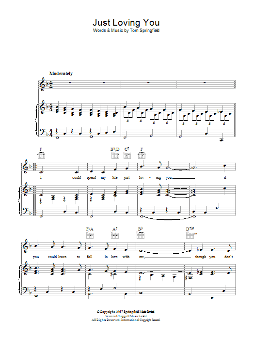 Tom Springfield Just Loving You Sheet Music Notes & Chords for Piano, Vocal & Guitar (Right-Hand Melody) - Download or Print PDF