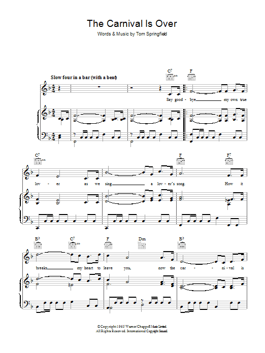 Tom Springfield The Carnival Is Over Sheet Music Notes & Chords for Piano, Vocal & Guitar (Right-Hand Melody) - Download or Print PDF
