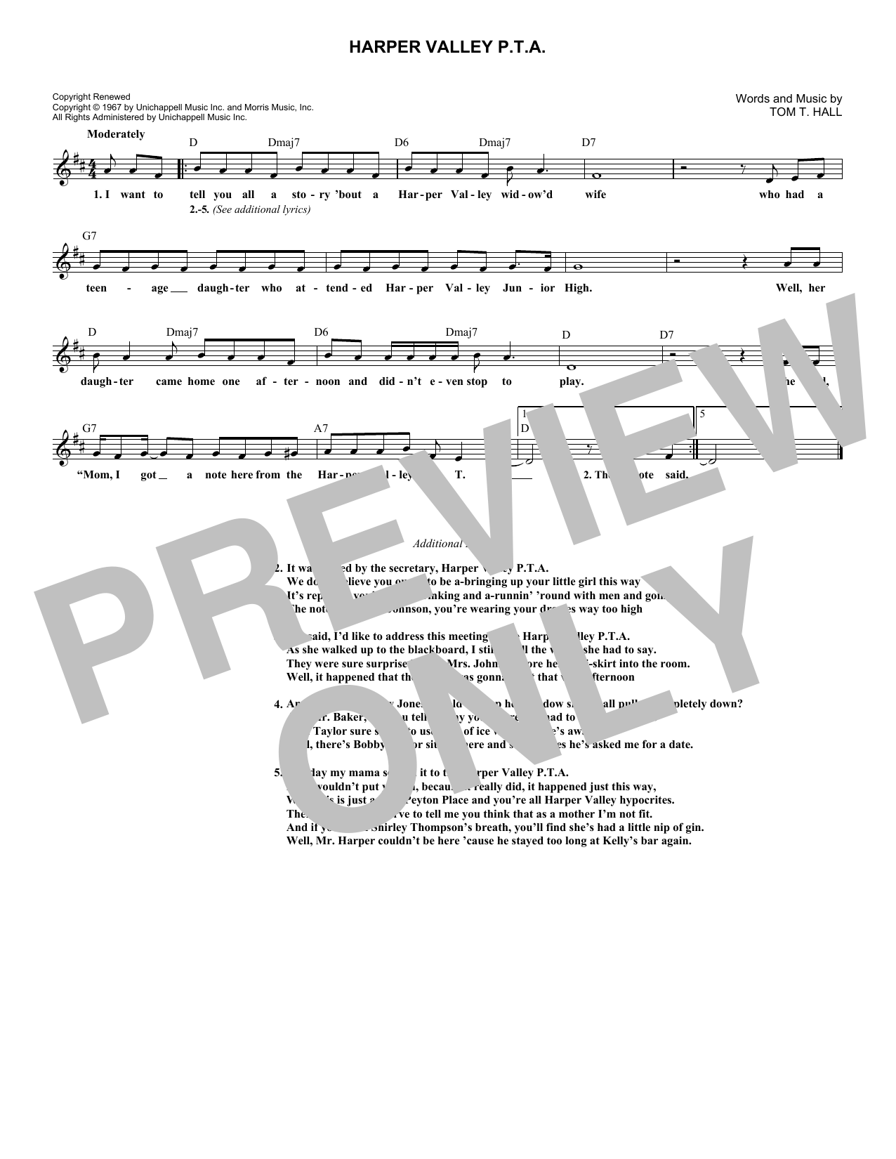 Tom T. Hall Harper Valley P.T.A. Sheet Music Notes & Chords for Melody Line, Lyrics & Chords - Download or Print PDF