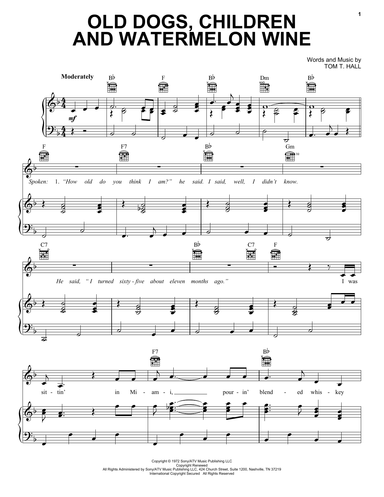 Tom T. Hall Old Dogs, Children And Watermelon Wine Sheet Music Notes & Chords for Lyrics & Chords - Download or Print PDF