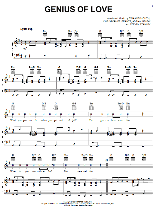 Tom Tom Club Genius Of Love Sheet Music Notes & Chords for Piano, Vocal & Guitar (Right-Hand Melody) - Download or Print PDF