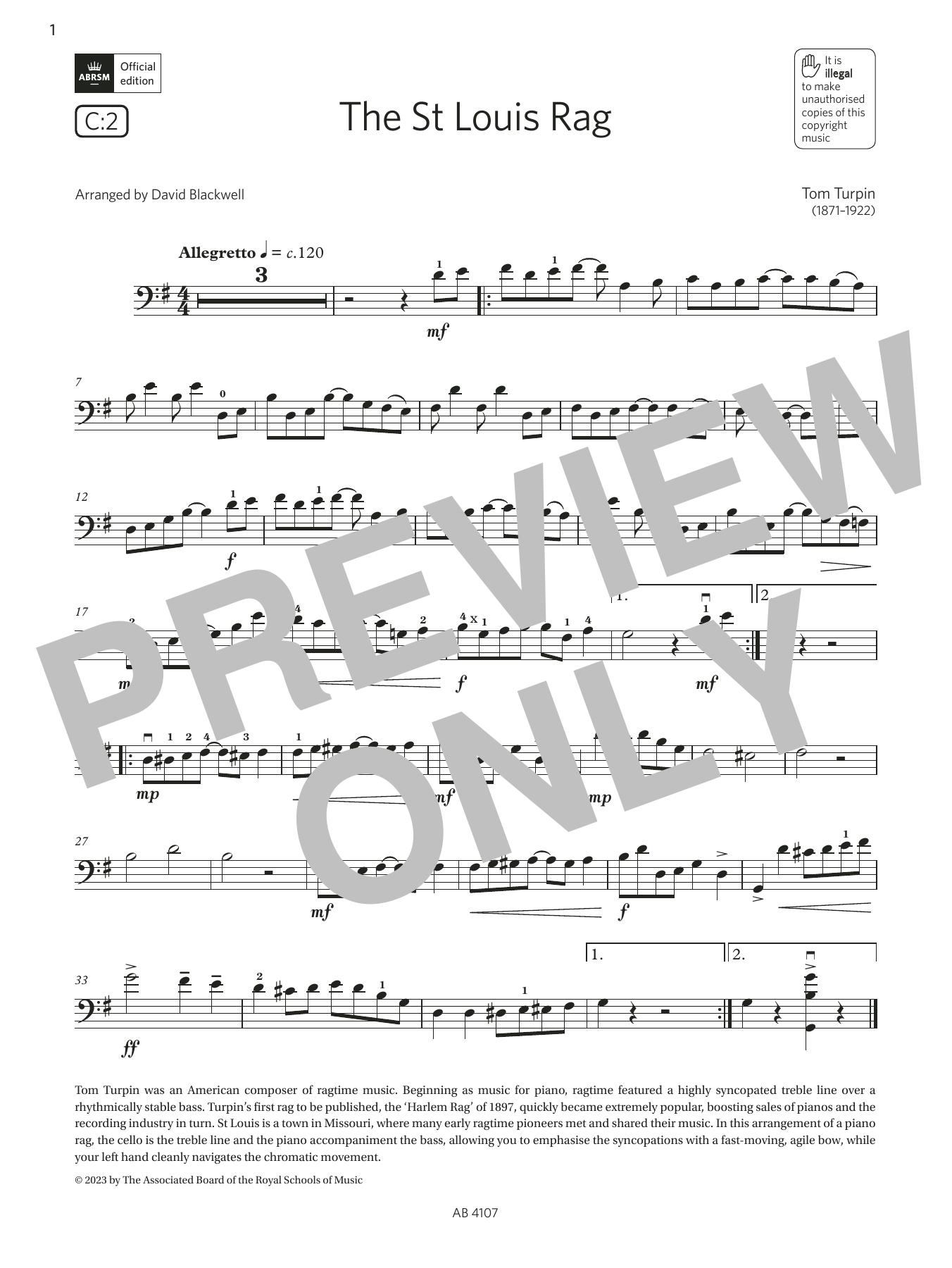 Tom Turpin The St Louis Rag (Grade 4, C2, from the ABRSM Cello Syllabus from 2024) Sheet Music Notes & Chords for Cello Solo - Download or Print PDF