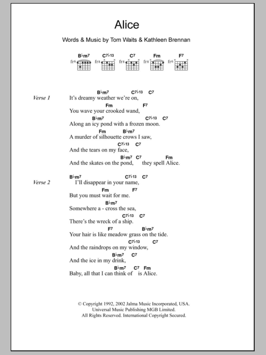 Tom Waits Alice Sheet Music Notes & Chords for Lyrics & Chords - Download or Print PDF