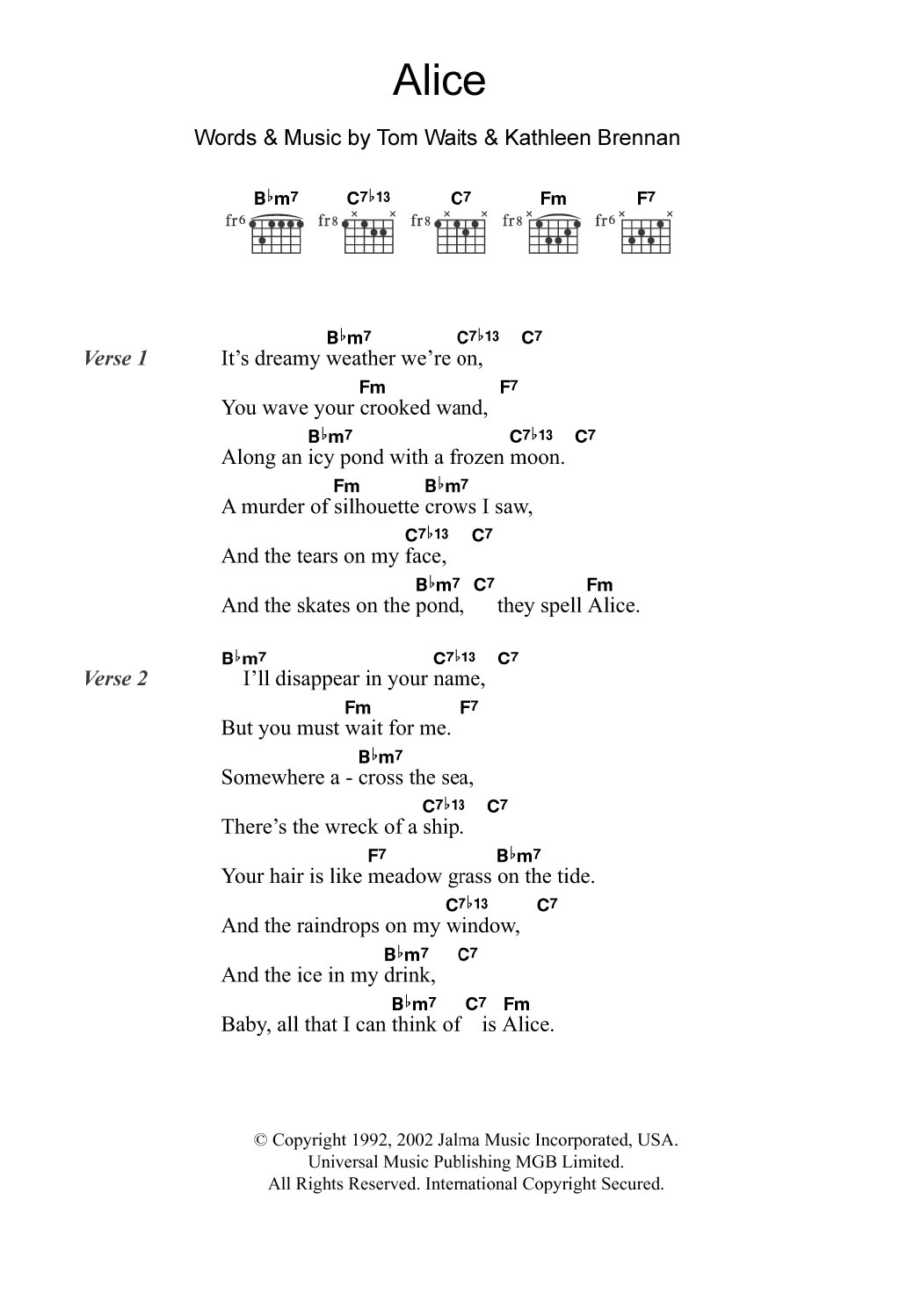 Tom Waits Alice Sheet Music Notes & Chords for Guitar Chords/Lyrics - Download or Print PDF