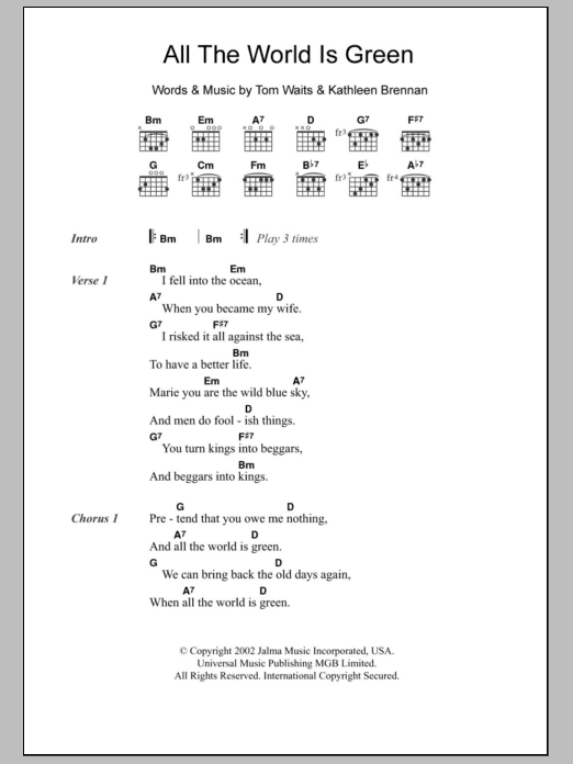 Tom Waits All The World Is Green Sheet Music Notes & Chords for Lyrics & Chords - Download or Print PDF