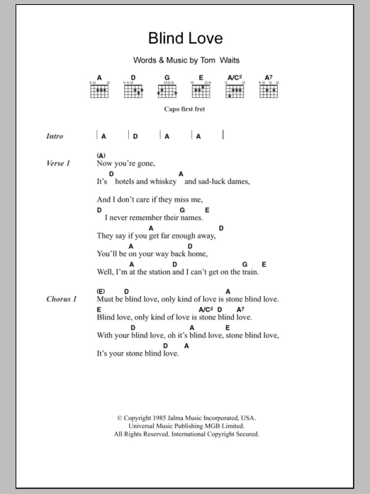 Tom Waits Blind Love Sheet Music Notes & Chords for Lyrics & Chords - Download or Print PDF