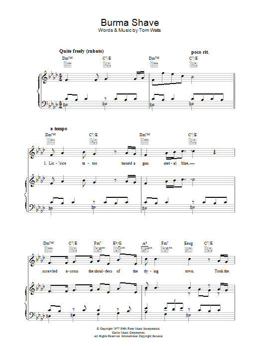Tom Waits Burma Shave Sheet Music Notes & Chords for Lyrics & Chords - Download or Print PDF