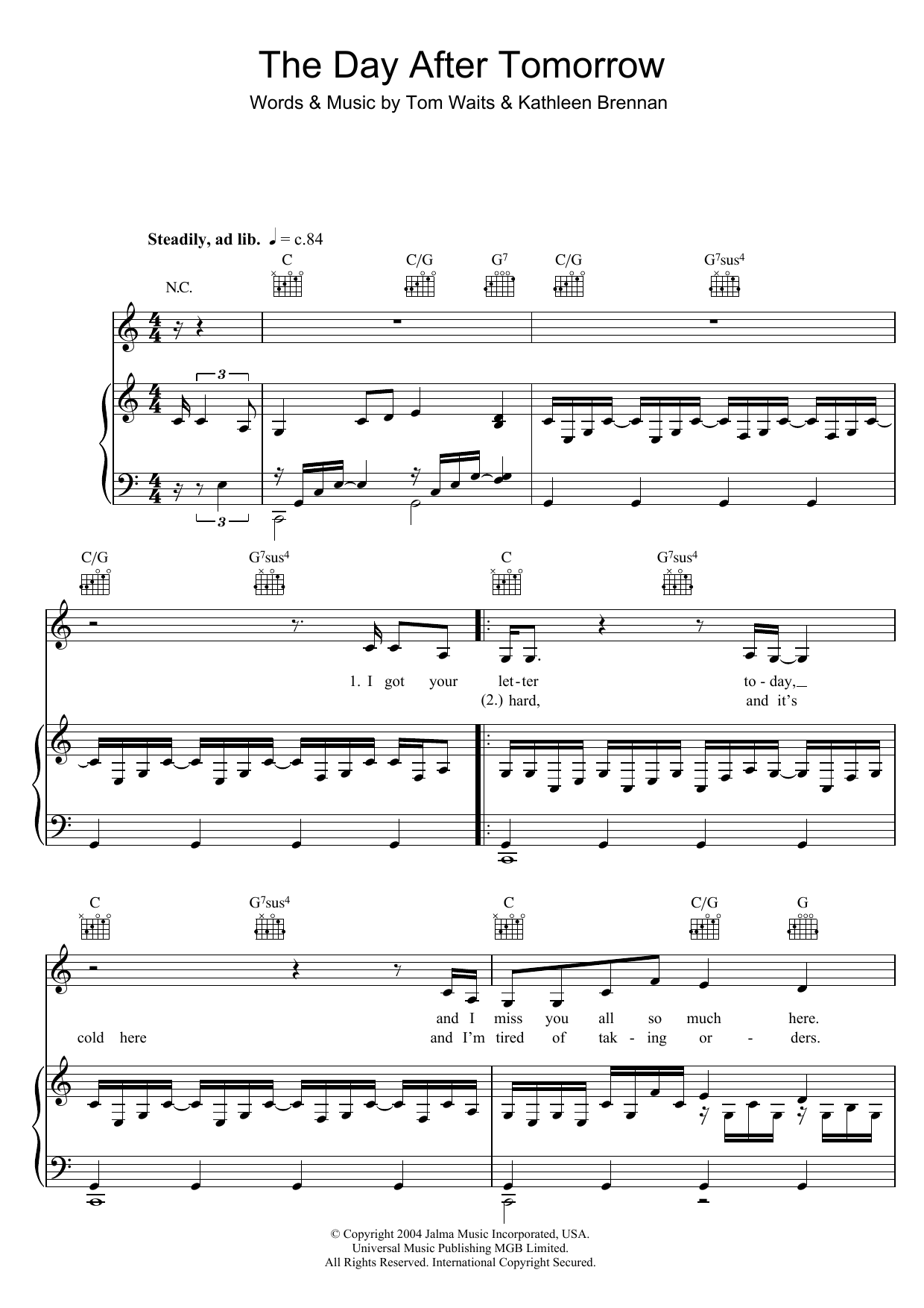 Tom Waits Day After Tomorrow Sheet Music Notes & Chords for Piano, Vocal & Guitar (Right-Hand Melody) - Download or Print PDF